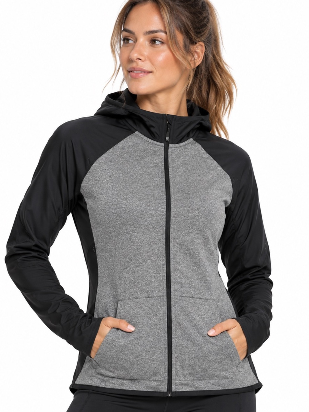 Nike Dri-FIT Hooded Full Zip Jacket Gray Black Woven Overlay Thumbholes Size L